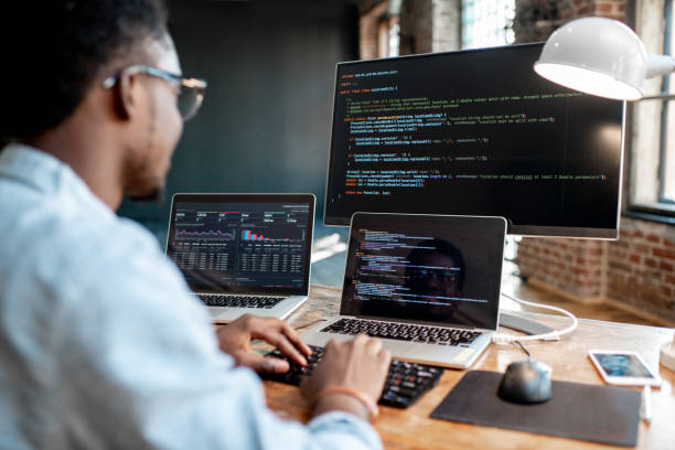 Developer working with code and API dashboards